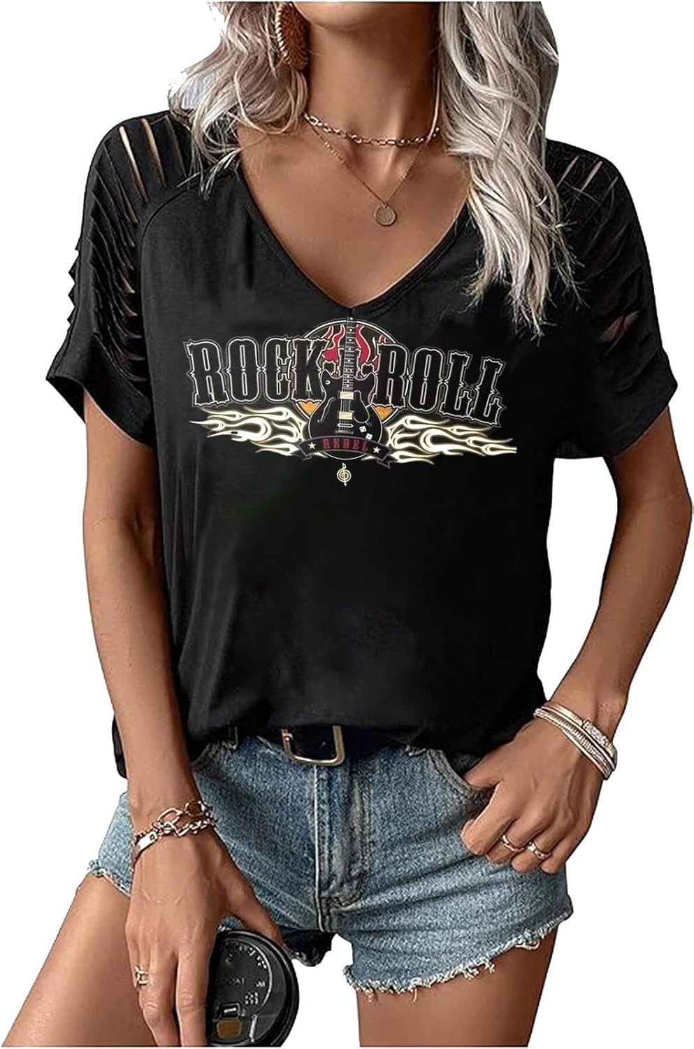 Summer Vintage Rock and Roll T Shirts for Women Casual Country Music Tshirts Rock Band Concert V Neck Tops