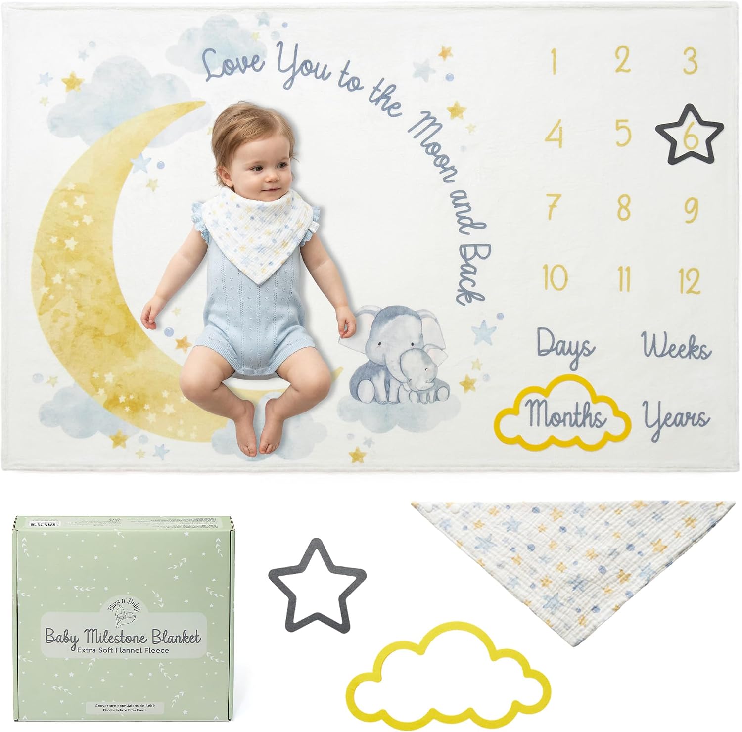 Monthly Milestone Blanket for Baby Boys & Girls - 60"x40" - Wrinkle Free Moon and Stars Elephant Blanket with Growth Chart - Washable & Dryable - w/Frames & Cotton Bib - Space Theme Gift