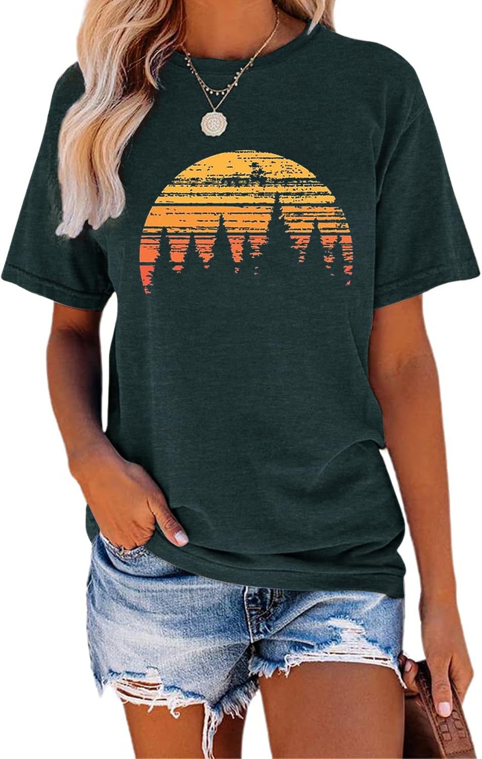Womens Graphic Tees Hiking Camping Shirts Vintage Sunset Graphic T Shirts Summer Casual Short Sleeve Shirt