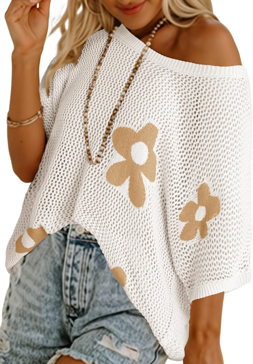 Womens Floral Fashion Summer Tops 2026 Short Sleeve Crochet Sweaters Swimsuit Cover Ups Lightweight Knit Pullover