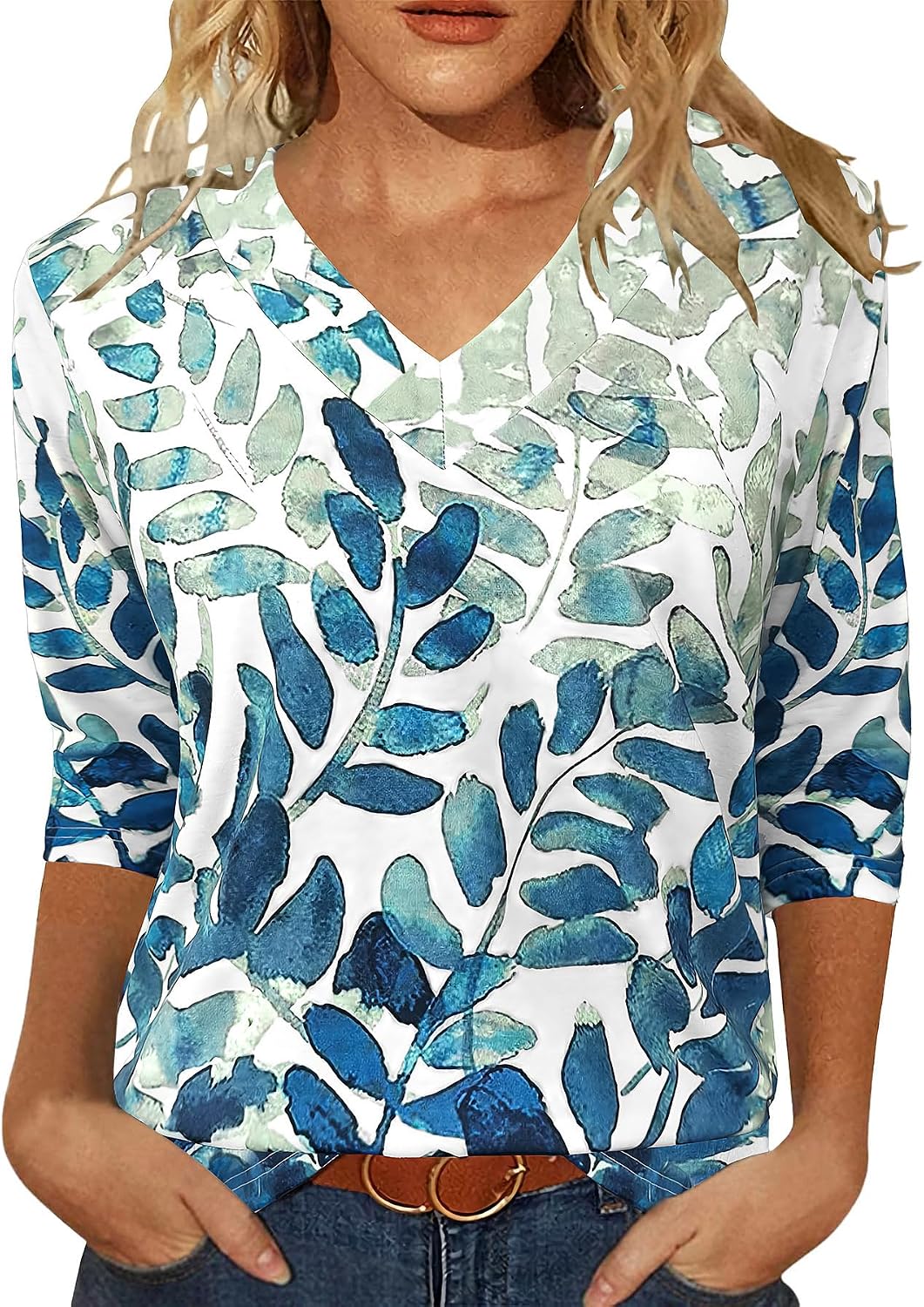 Womens Tops 3/4 Length Sleeve Summer V Neck Shirts Casual Tunic Tops 2025