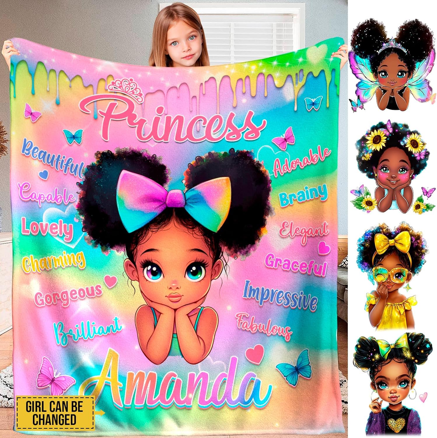Personalized Black Girls Blanket for Kids, African Girl Blanket, Princess Soft Throw Blankets Monogrammed Name for Girl Women, Birthday Gifts Home Bedroom Decor (Multicolor-Girl)
