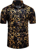 Mens Black Gold Dress Shirts Luxury Short Sleeve Chain Print Shirt Baroque Casual Button Down Design Buchona Shirts