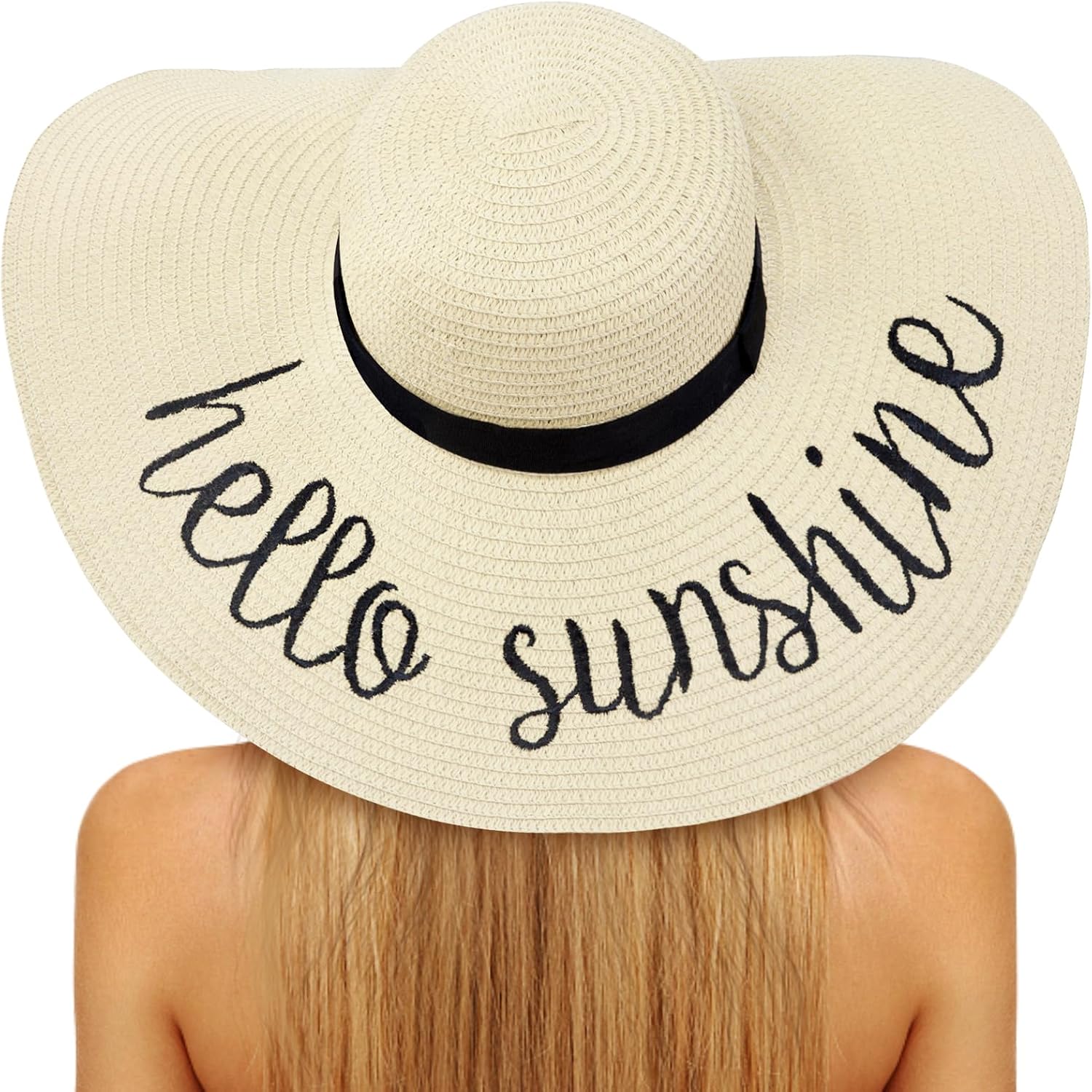 Floppy Beach Hats for Women Straw Sun Hat Foldable Wide Brim Embroidered Roll up Summer Vacation Travel