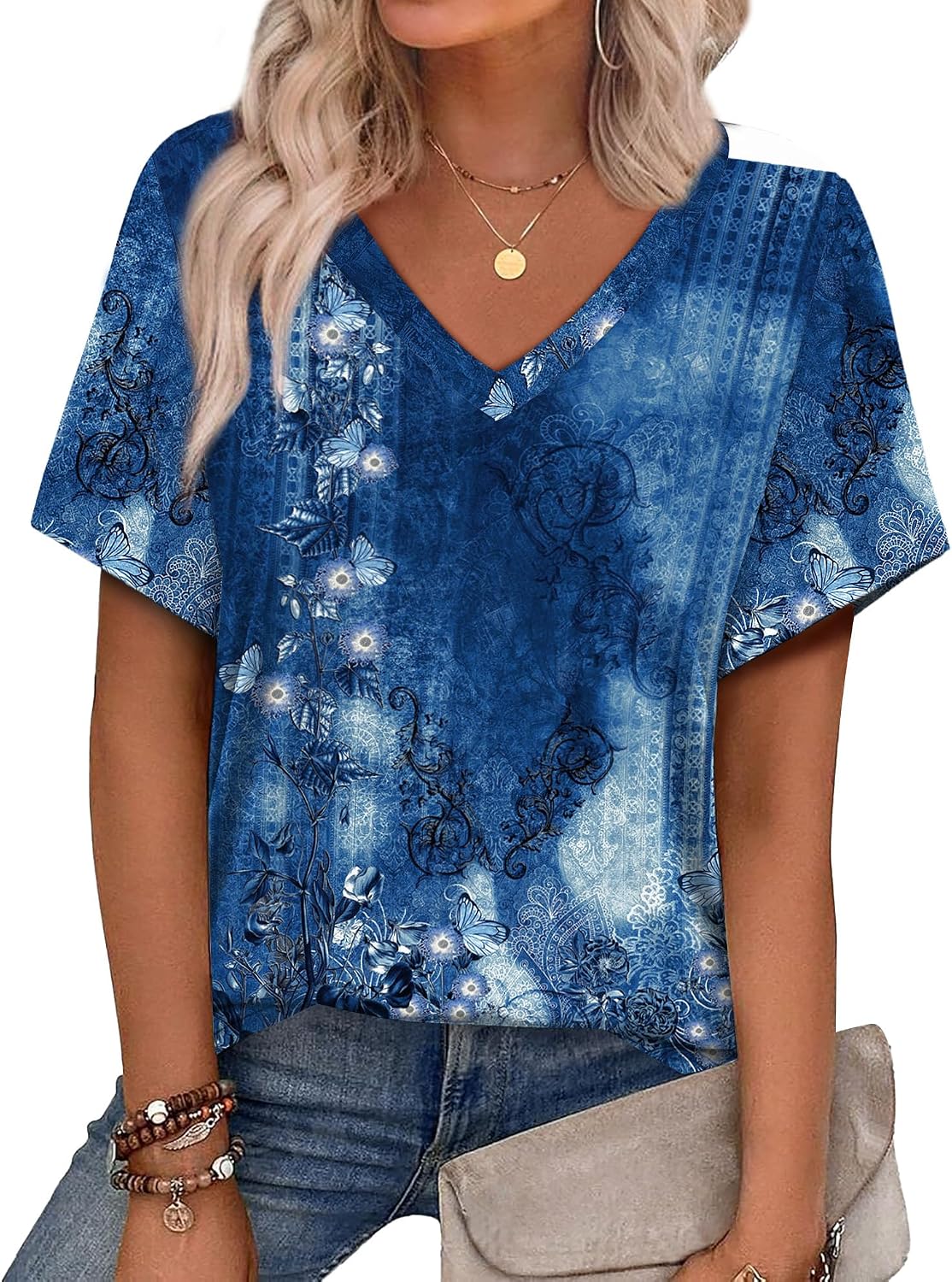 Womens Summer Tops 2026 V Neck Short Sleeve Shirts Trendy Dressy Casual Vacation Outfits Printed
