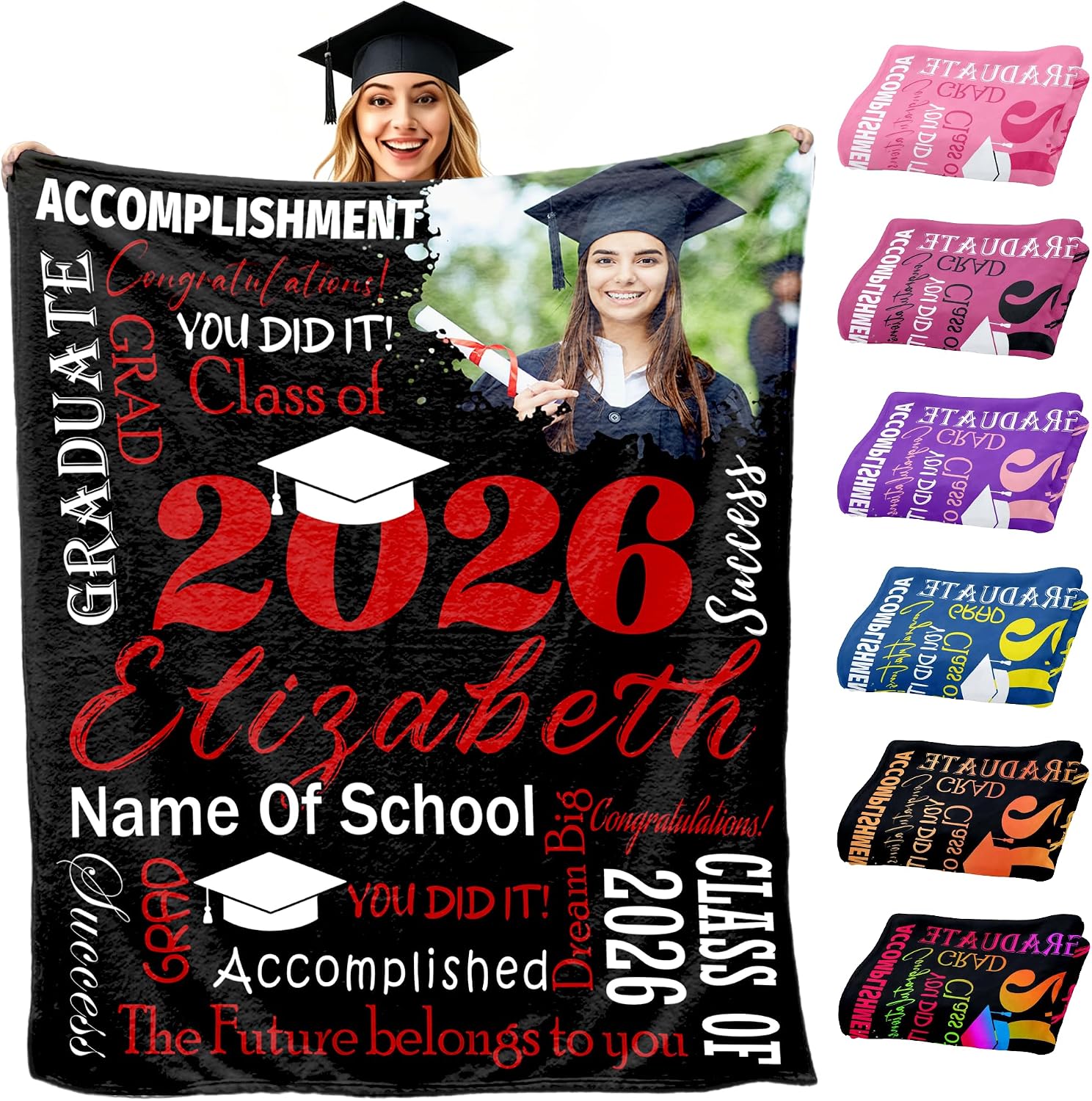 MyPupSocks Custom Graduation Blanket with Photo Name for Class of 2026, Personalized Throw Blanket for Daughter Son Granddaughter Grandson, Congratulations Gift, Black Red