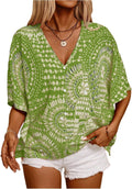Women's Allover Print Hawaiian Shirt Dolman Short Sleeve V Neck Summer Tops 2025 Vacation