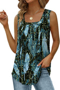 Summer Tank Tops for Women Loose Fit Pleated Square Neck Sleeveless Tops Curved Hem Flowy