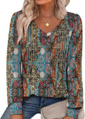 Womens Long Sleeve Shirts Pleated V Neck Curved Hem Fall Winter Tunic Tops Blouses Print