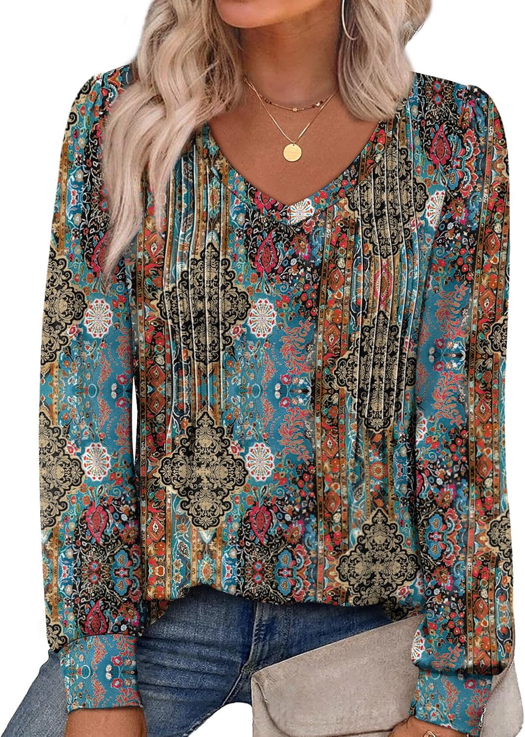 Womens Long Sleeve Shirts Pleated V Neck Curved Hem Fall Winter Tunic Tops Blouses Print