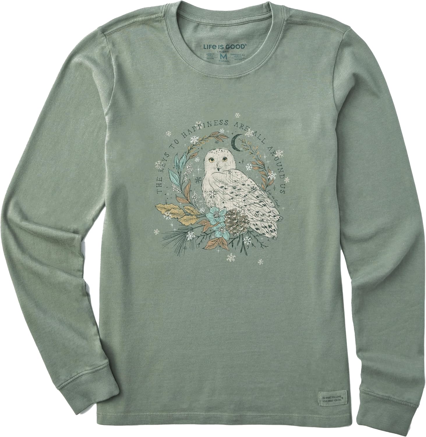 Women's Crusher Tee Shirt, Long Sleeve Cotton Graphic T-Shirts, Key to Happiness Snowy Owl