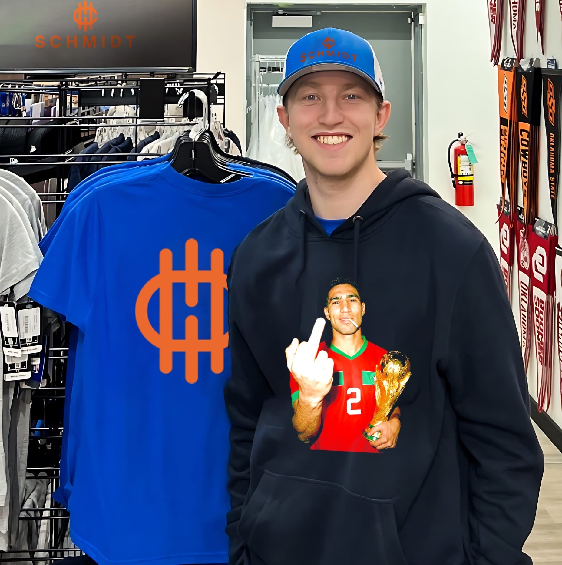 Achraf Hakimi Morocco World Cup middle finger and trophy shirt