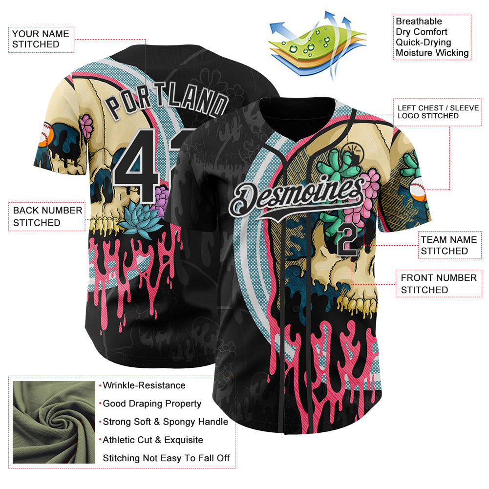 Custom Black White 3D Illymakes Drippy Succulent Skull Authentic Baseball Jersey