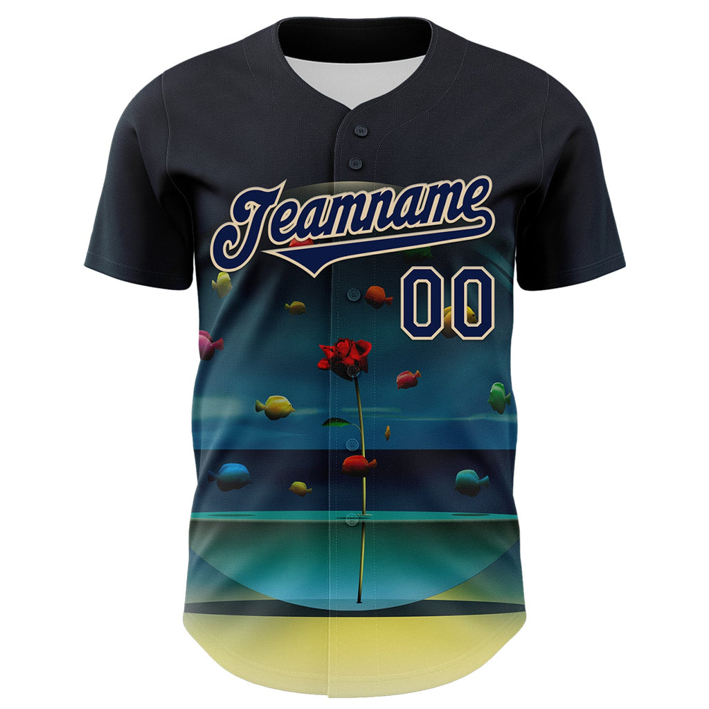 Custom Blue Navy-City Cream 3D Marcel Caram The Round Aquarium Blue Version Authentic Baseball Jersey