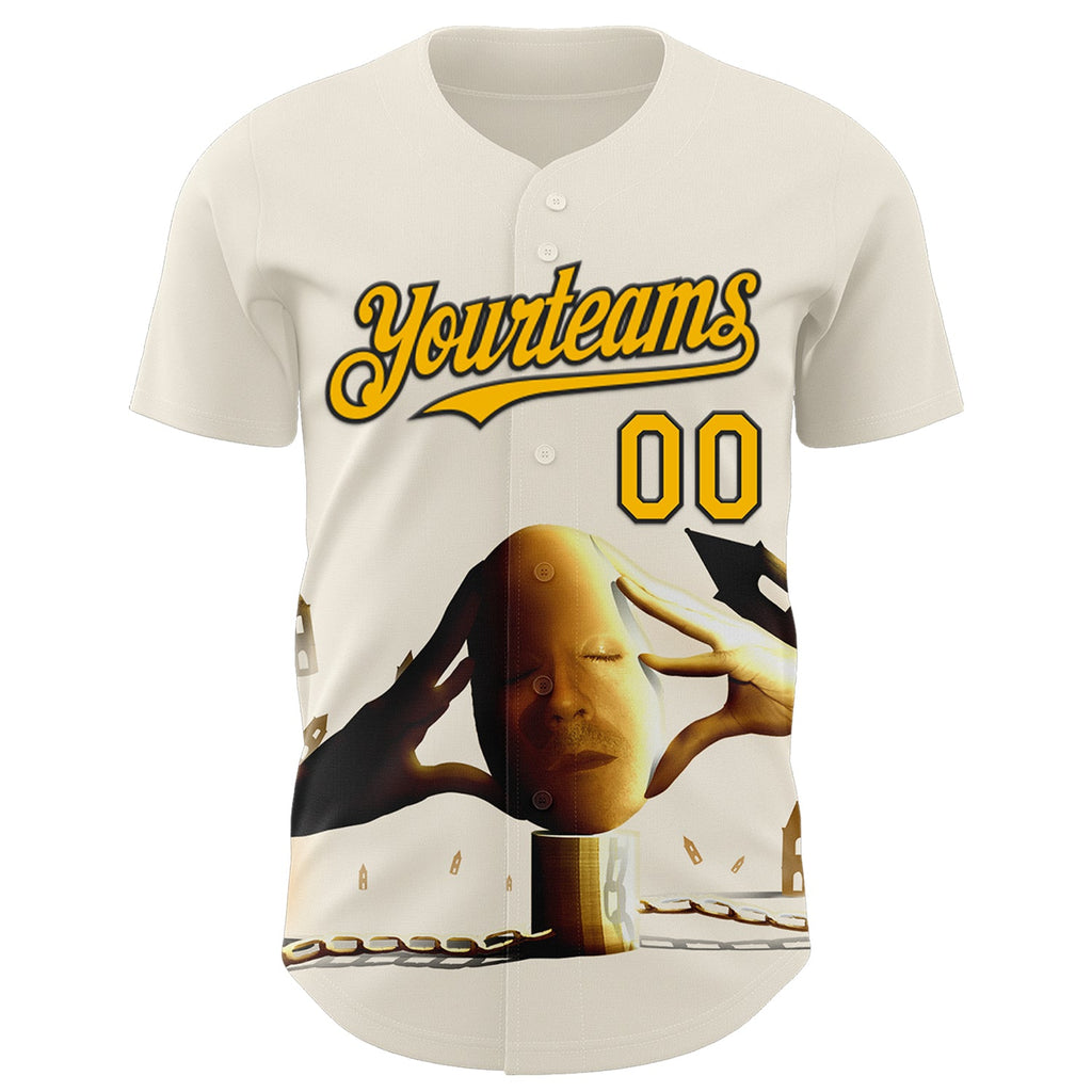 Custom Cream Gold-Black 3D Marcel Caram Thinking Head Authentic Baseball Jersey