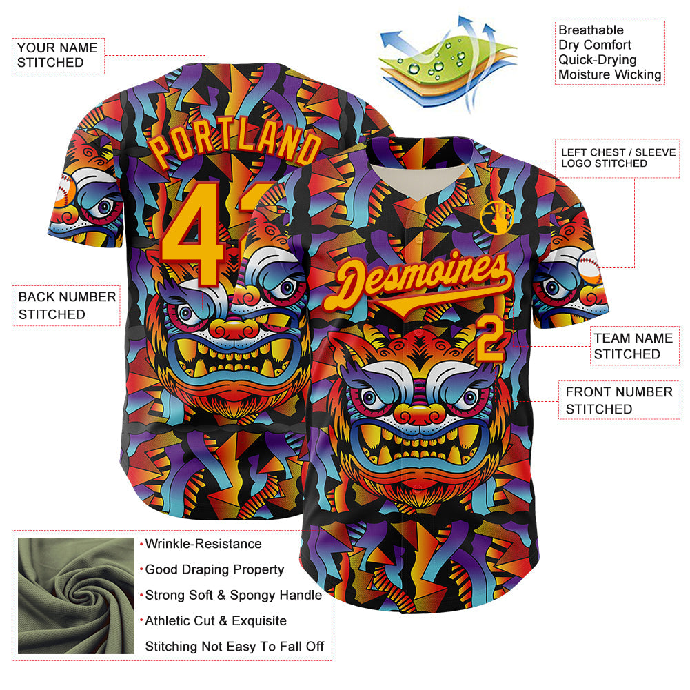Custom Black Gold-Red 3D Geo Law God Mask Authentic Baseball Jersey