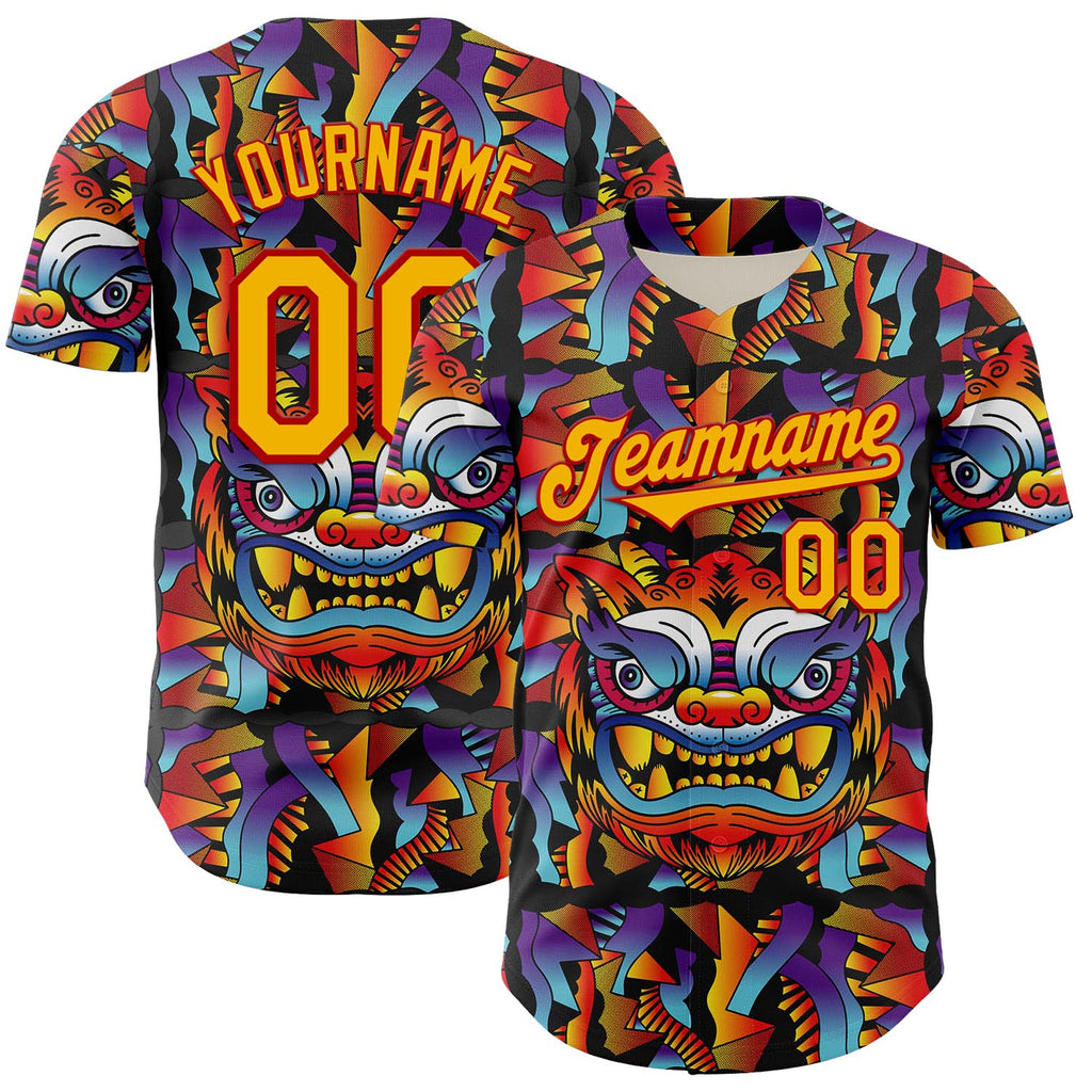Custom Black Gold-Red 3D Geo Law God Mask Authentic Baseball Jersey