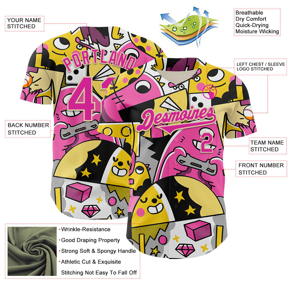 Custom Black Deep Pink-City Cream 3D Geo Law Fun N Games Authentic Baseball Jersey