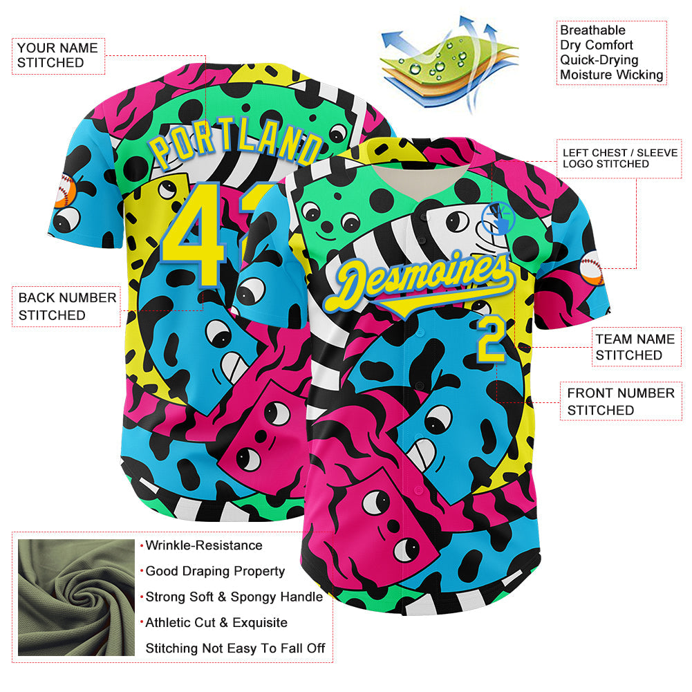 Custom Black Light Yellow-Electric Blue 3D Geo Law Curly Friends Authentic Baseball Jersey