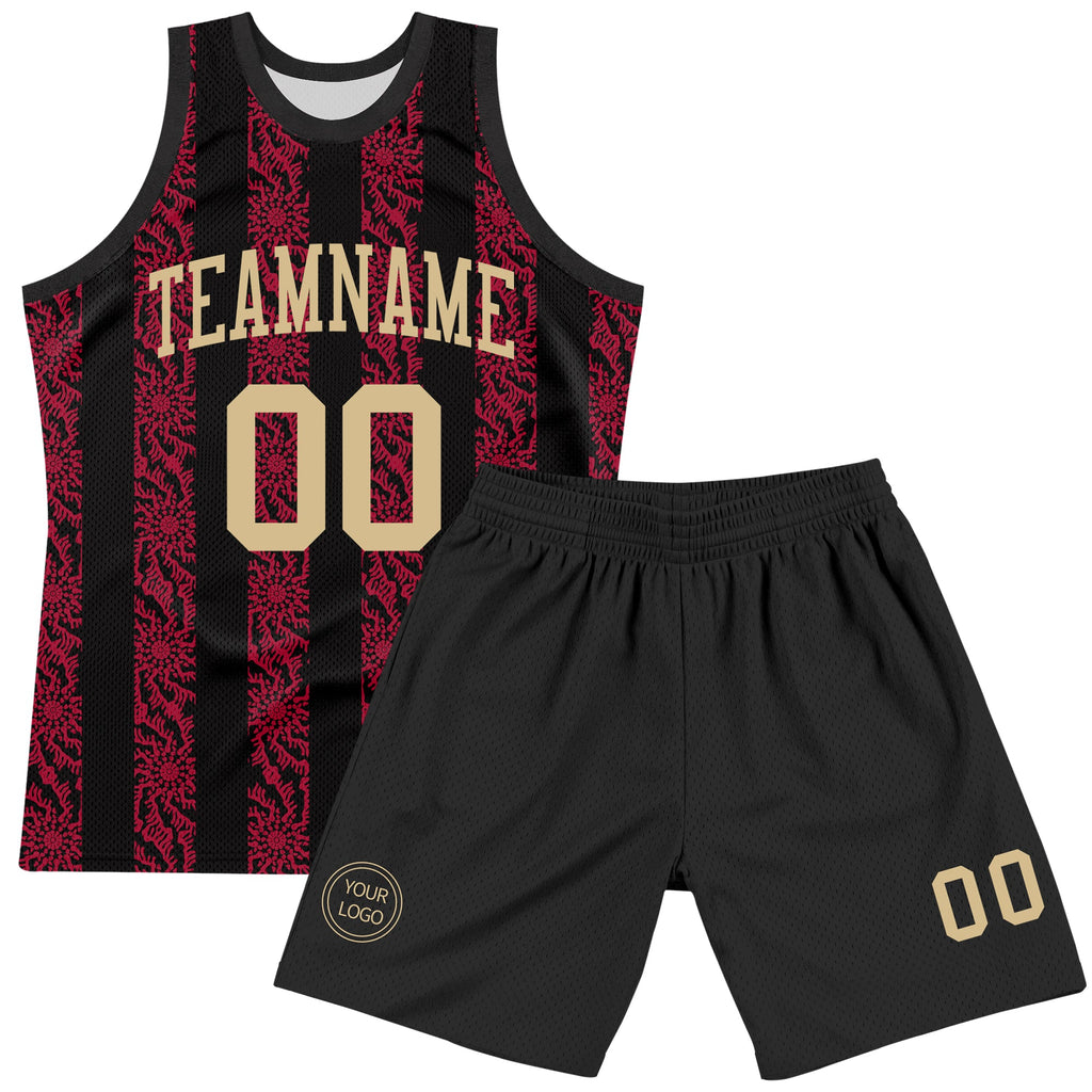 Custom Black Vegas Gold-Red Abstract Shape Round Neck Sublimation Basketball Suit Jersey
