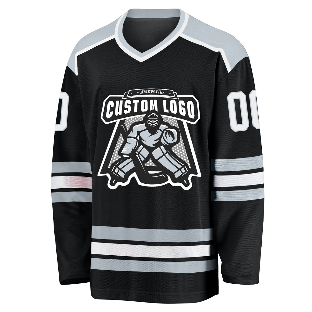 Custom Black White-Silver Hockey Jersey