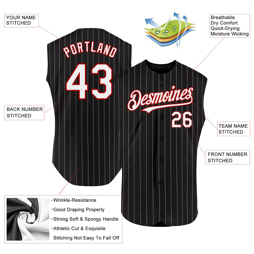 Custom Black White Pinstripe Red Authentic Sleeveless Baseball Jersey