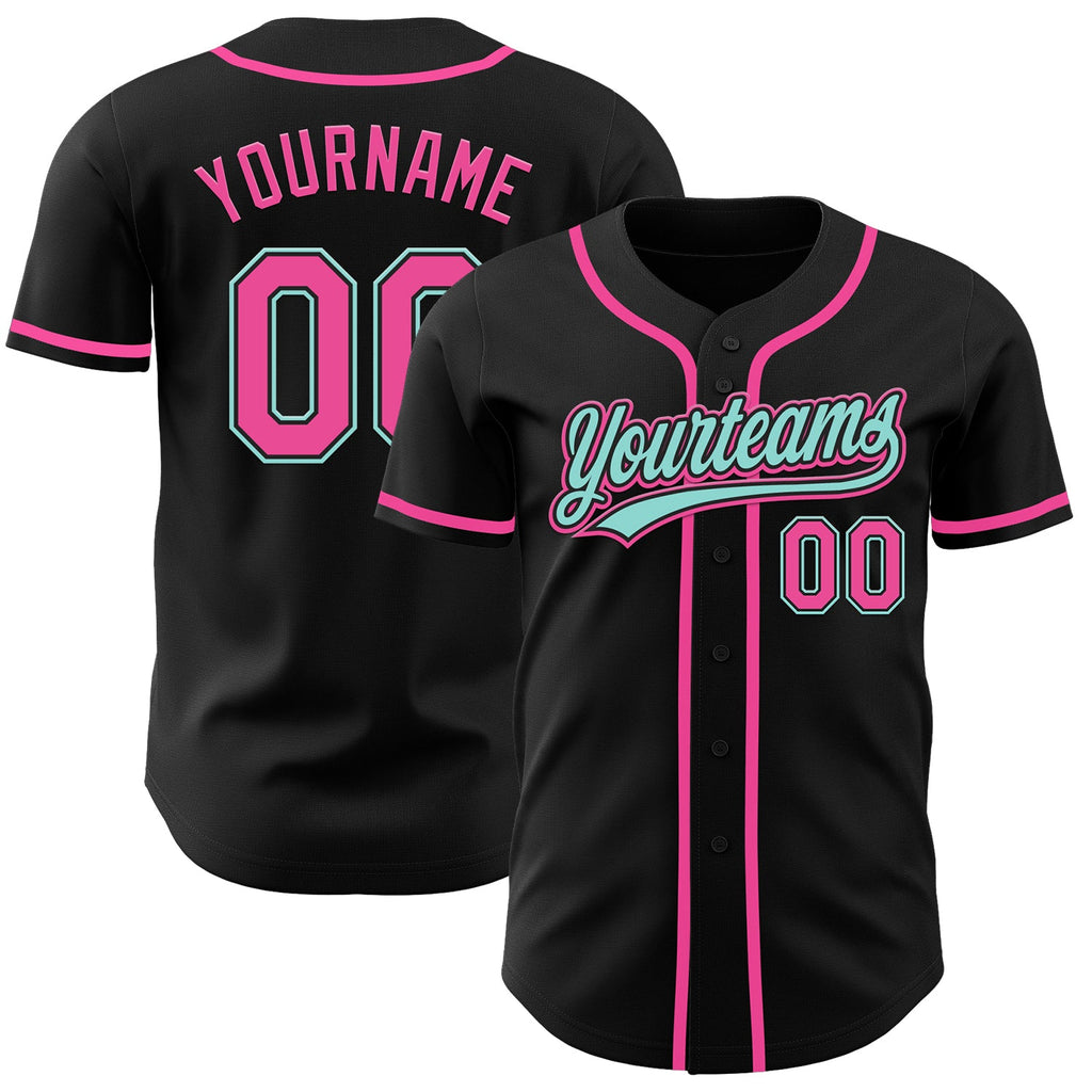 Custom Black Pink-Ice Blue Authentic Baseball Jersey