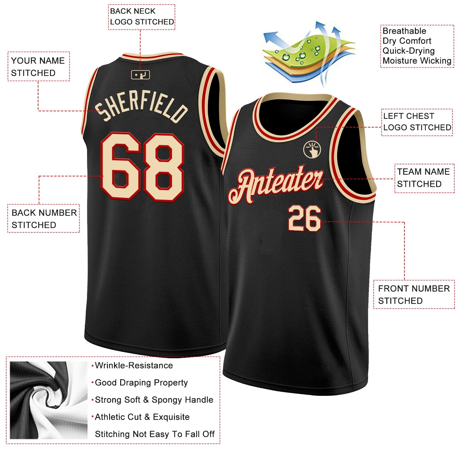 Custom Black Cream-Red Authentic Basketball Jersey