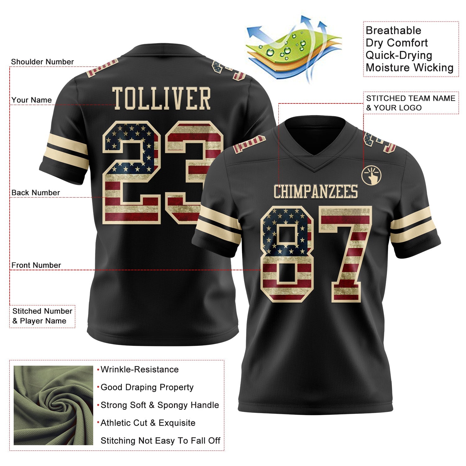 Custom Black Vintage USA Flag-Cream Authentic Football Jersey