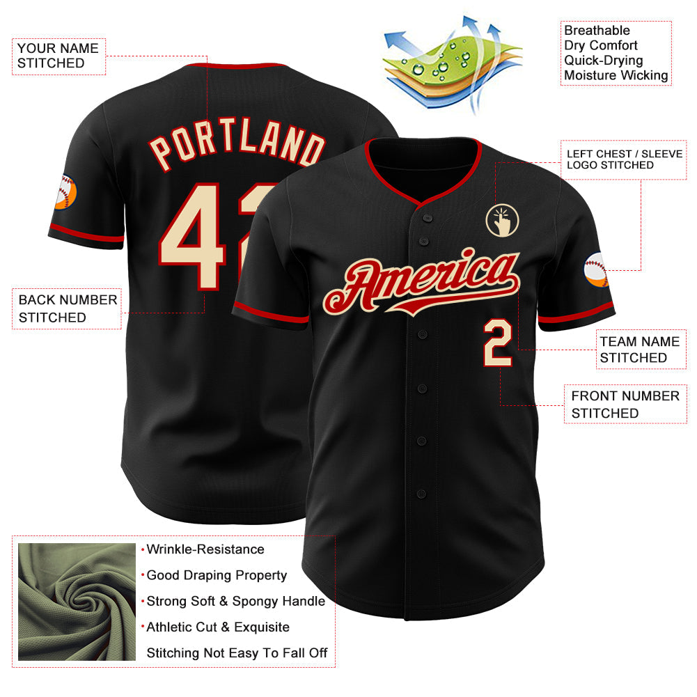 Custom Black Cream-Red Authentic Baseball Jersey