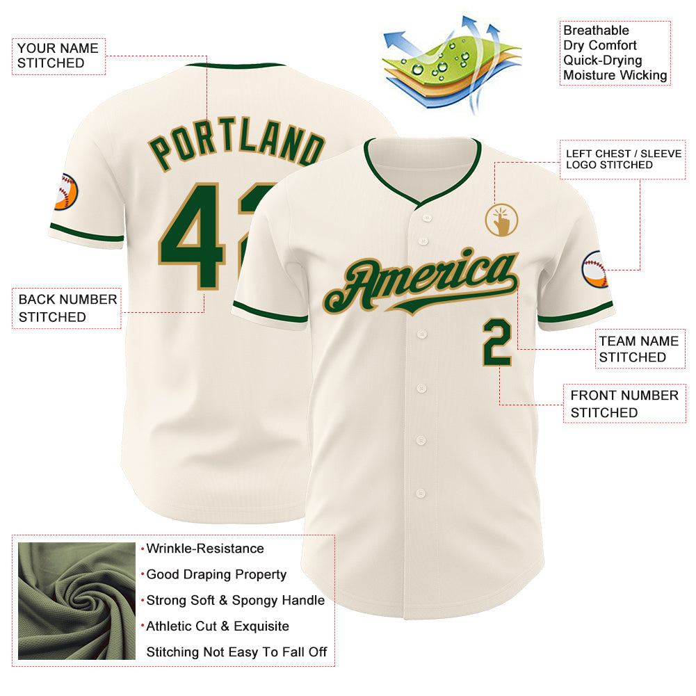Custom Cream Green-Old Gold Authentic Baseball Jersey