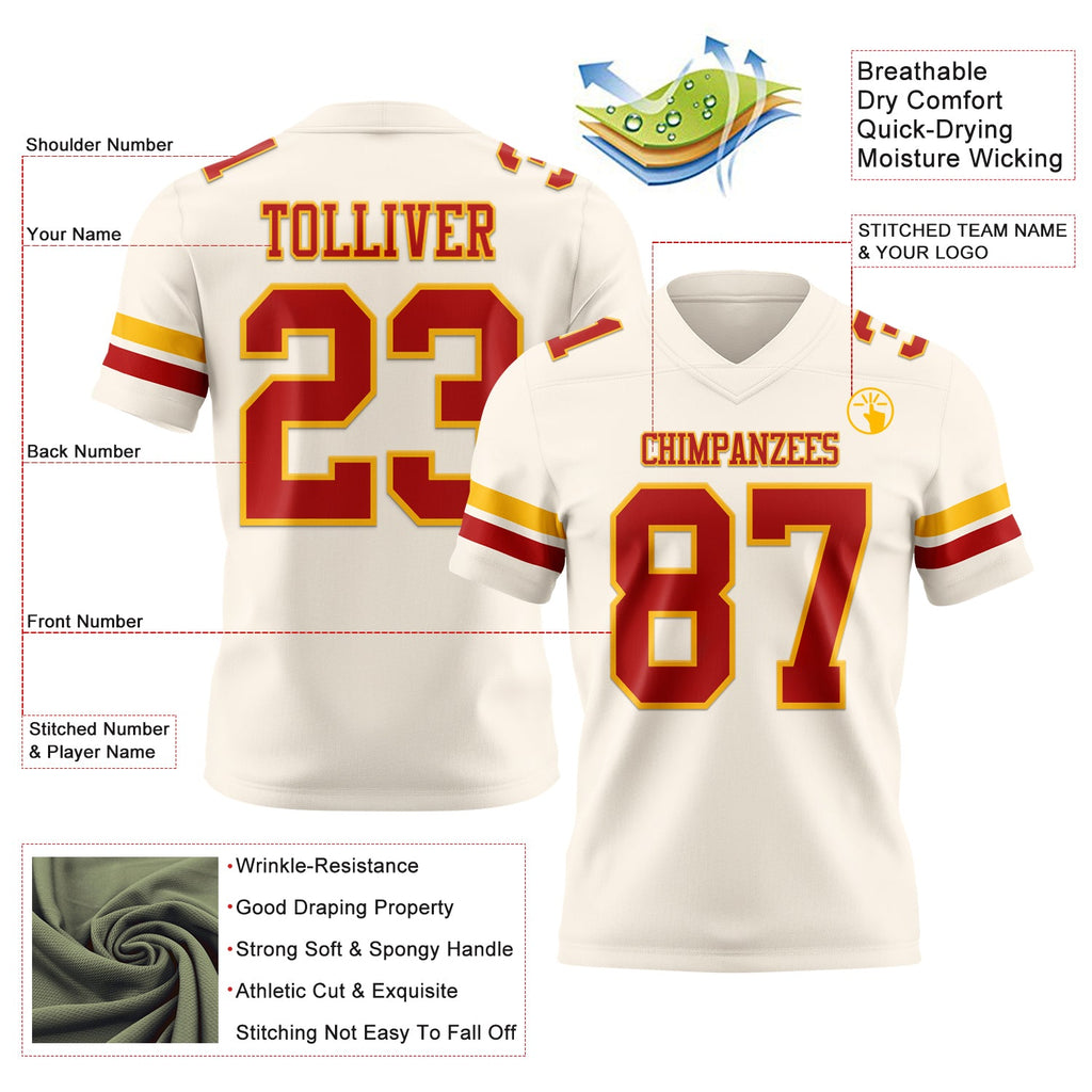 Custom Cream Red-Gold Authentic Football Jersey