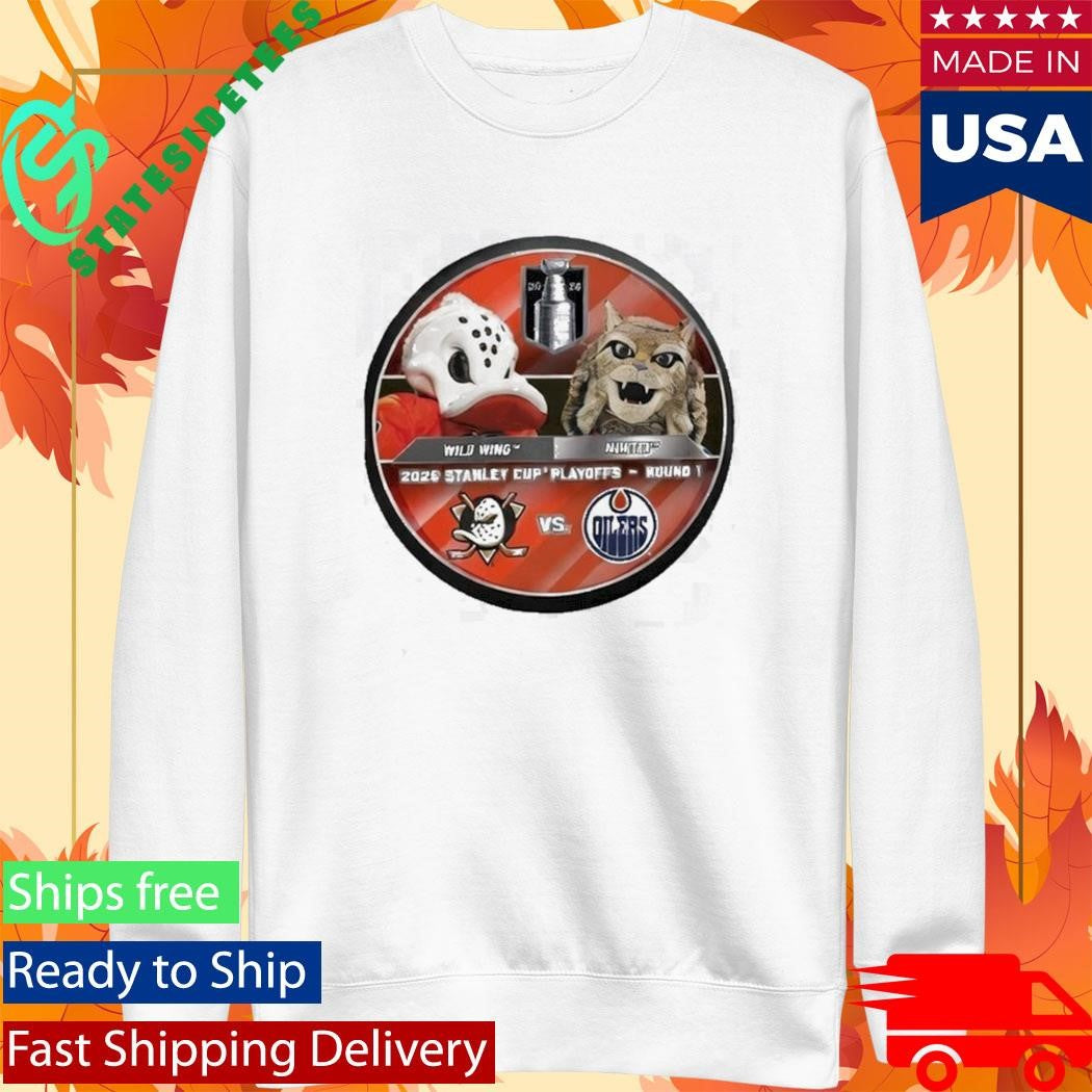 Edmonton Oilers Oilers 2026 Stanley Cup Playoffs Mascot Dueling Puck Hunter vs Wild Wing Shirt