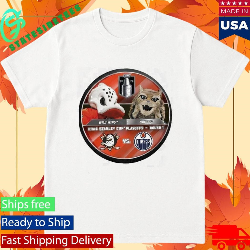 Edmonton Oilers Oilers 2026 Stanley Cup Playoffs Mascot Dueling Puck Hunter vs Wild Wing Shirt