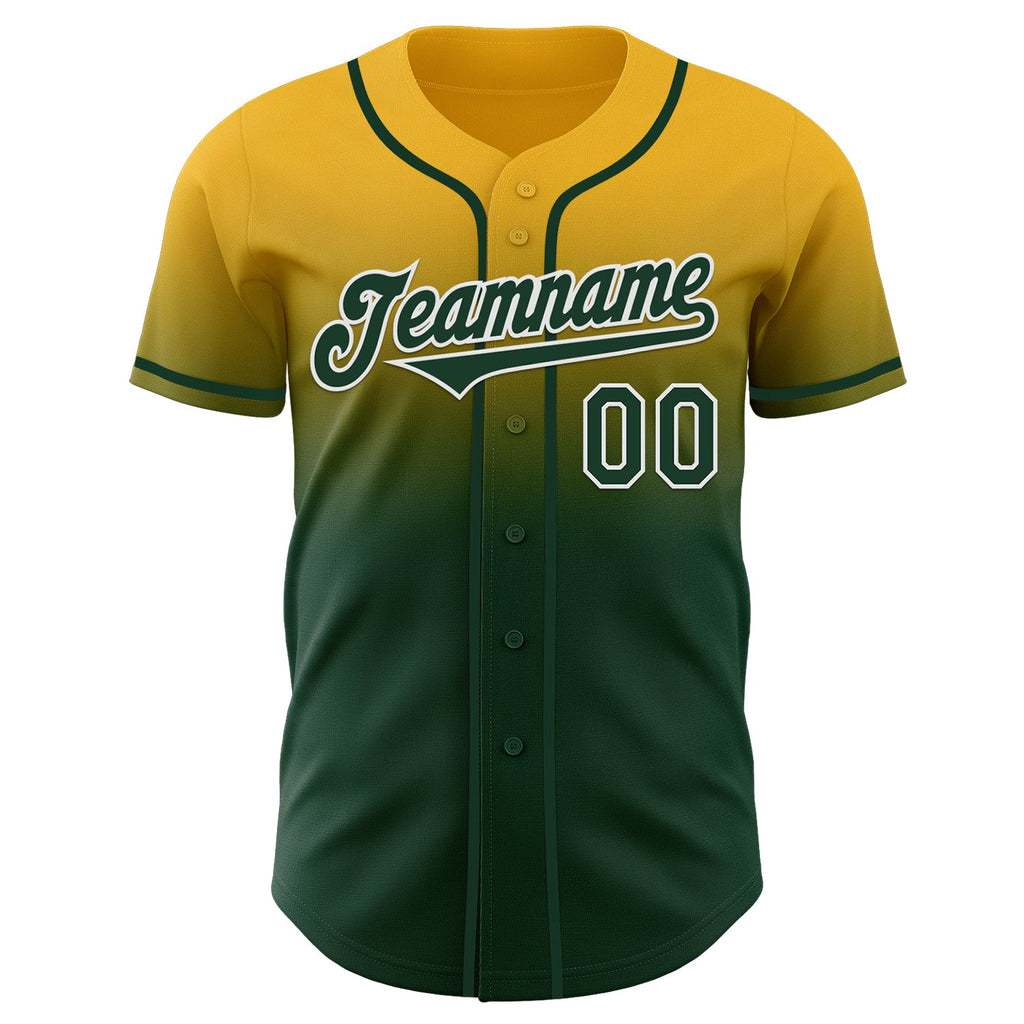 Custom Gold Green-White Authentic Fade Fashion Baseball Jersey