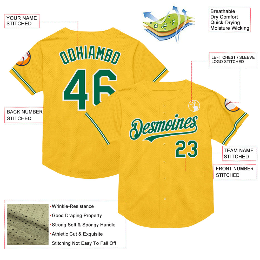 Custom Gold Kelly Green-White Mesh Authentic Throwback Baseball Jersey