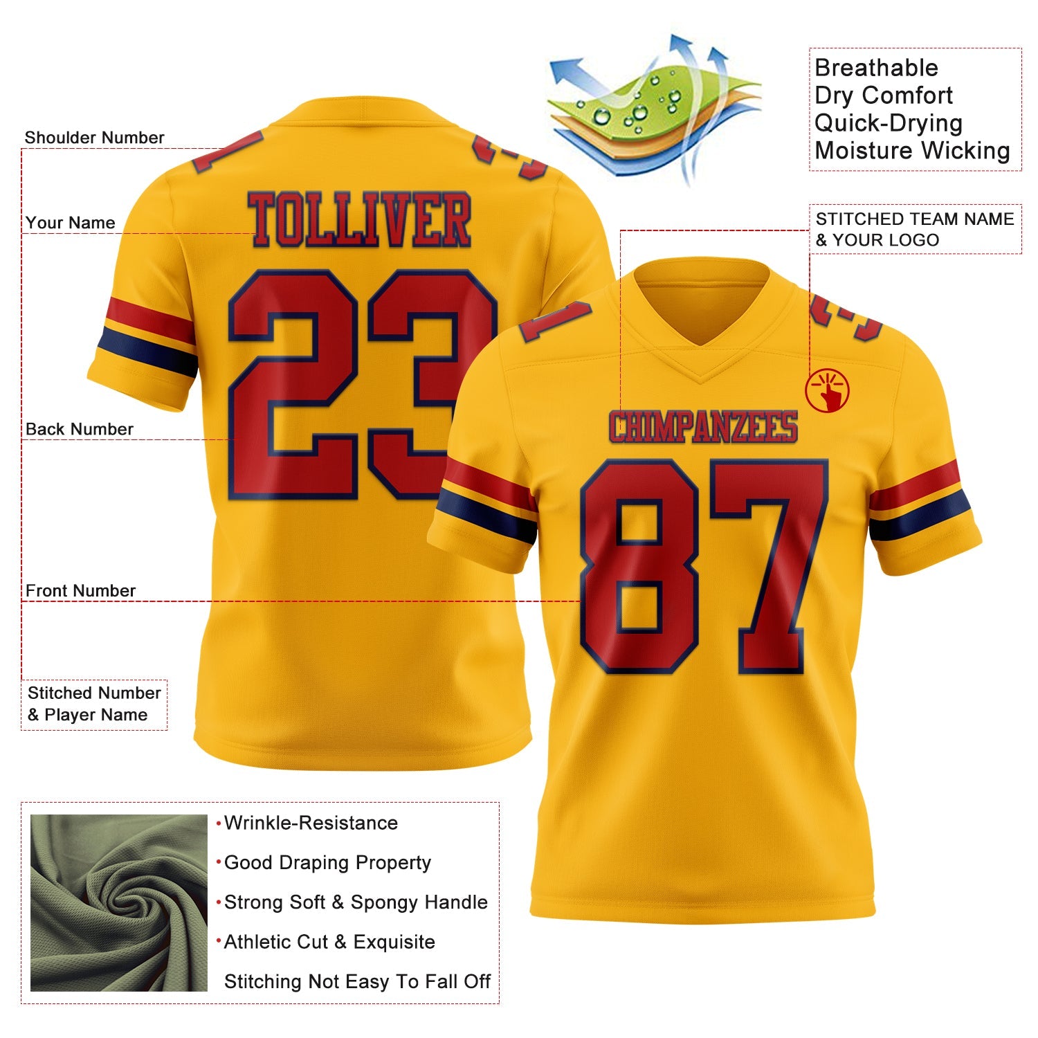 Custom Gold Red-Navy Authentic Football Jersey