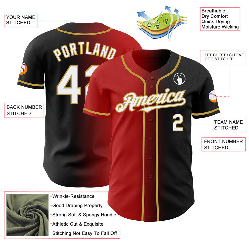 Custom Black White Red-Old Gold Authentic Gradient Fashion Baseball Jersey