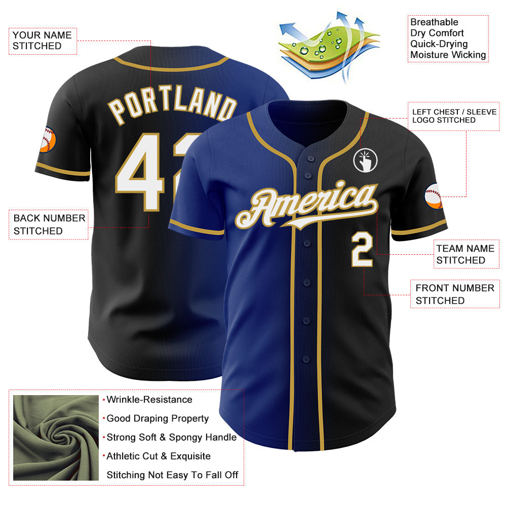 Custom Black White Royal-Old Gold Authentic Gradient Fashion Baseball Jersey