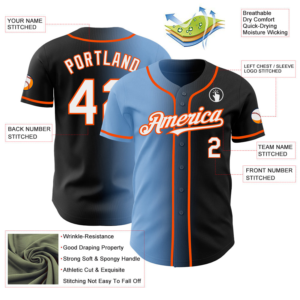 Custom Black White Light Blue-Orange Authentic Gradient Fashion Baseball Jersey