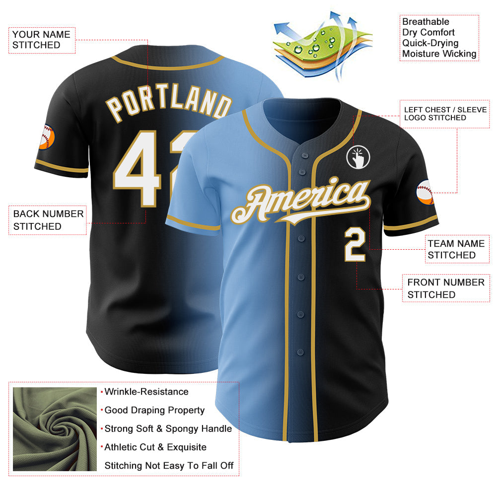Custom Black White Light Blue-Old Gold Authentic Gradient Fashion Baseball Jersey