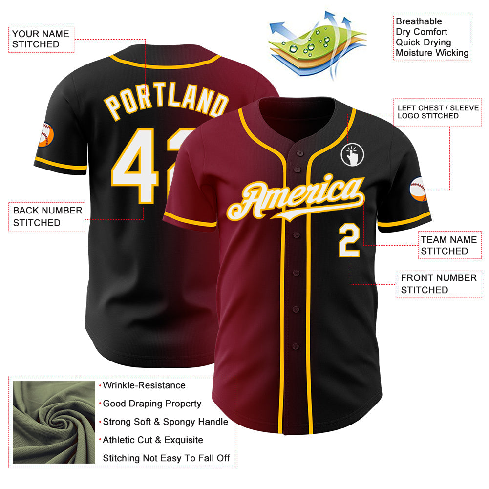 Custom Black White Crimson-Gold Authentic Gradient Fashion Baseball Jersey