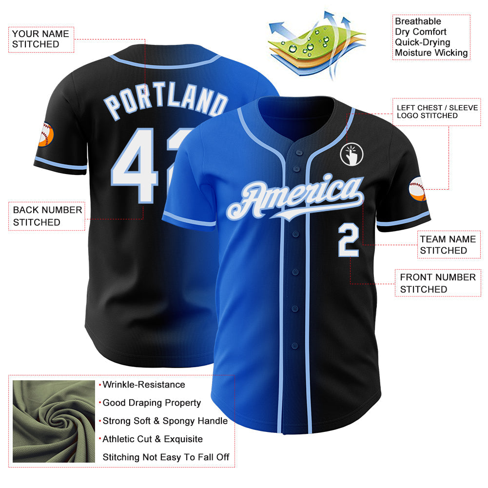 Custom Black White Thunder Blue-Light Blue Authentic Gradient Fashion Baseball Jersey