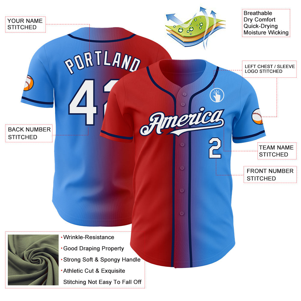 Custom Electric Blue White Red-Navy Authentic Gradient Fashion Baseball Jersey