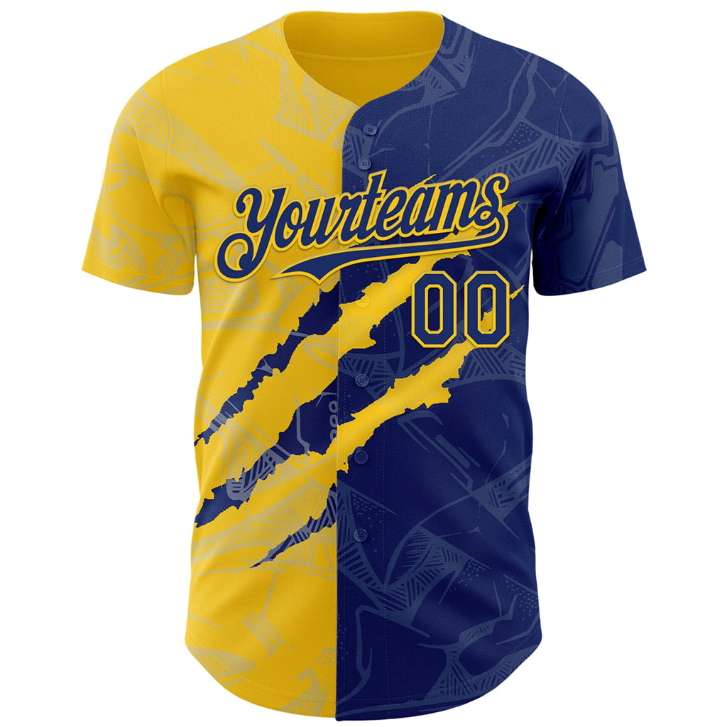 Custom Graffiti Pattern Royal-Yellow 3D Scratch Authentic Baseball Jersey