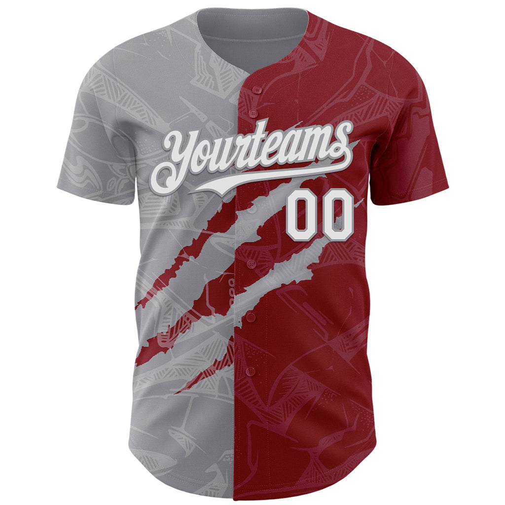 Custom Graffiti Pattern White Crimson-Gray 3D Scratch Authentic Baseball Jersey