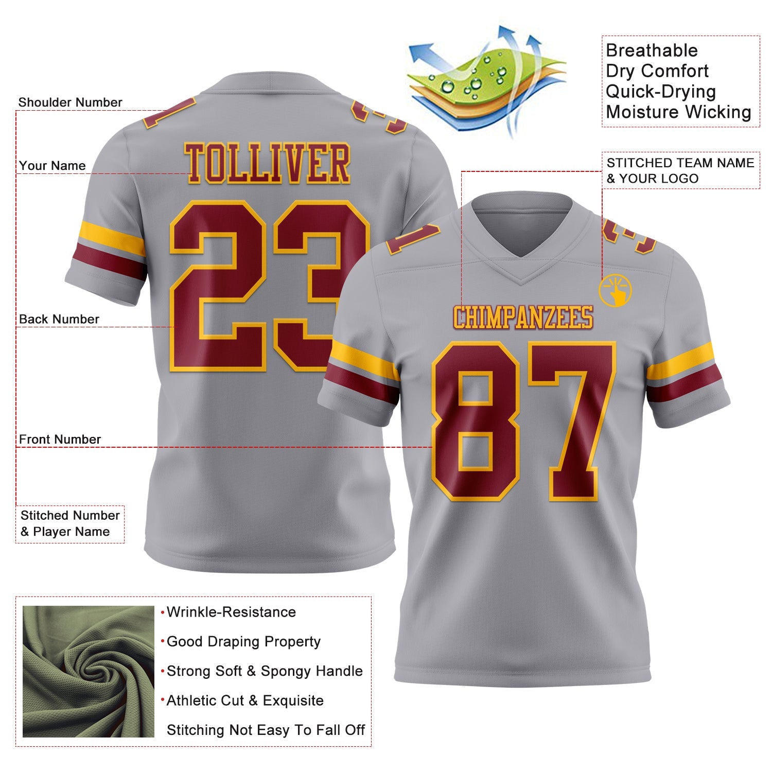 Custom Gray Crimson-Gold Authentic Football Jersey