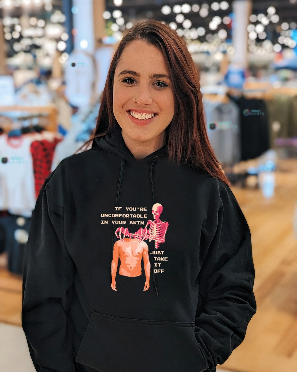 If you’re uncomfortable in your skin just take off skeleton shirt