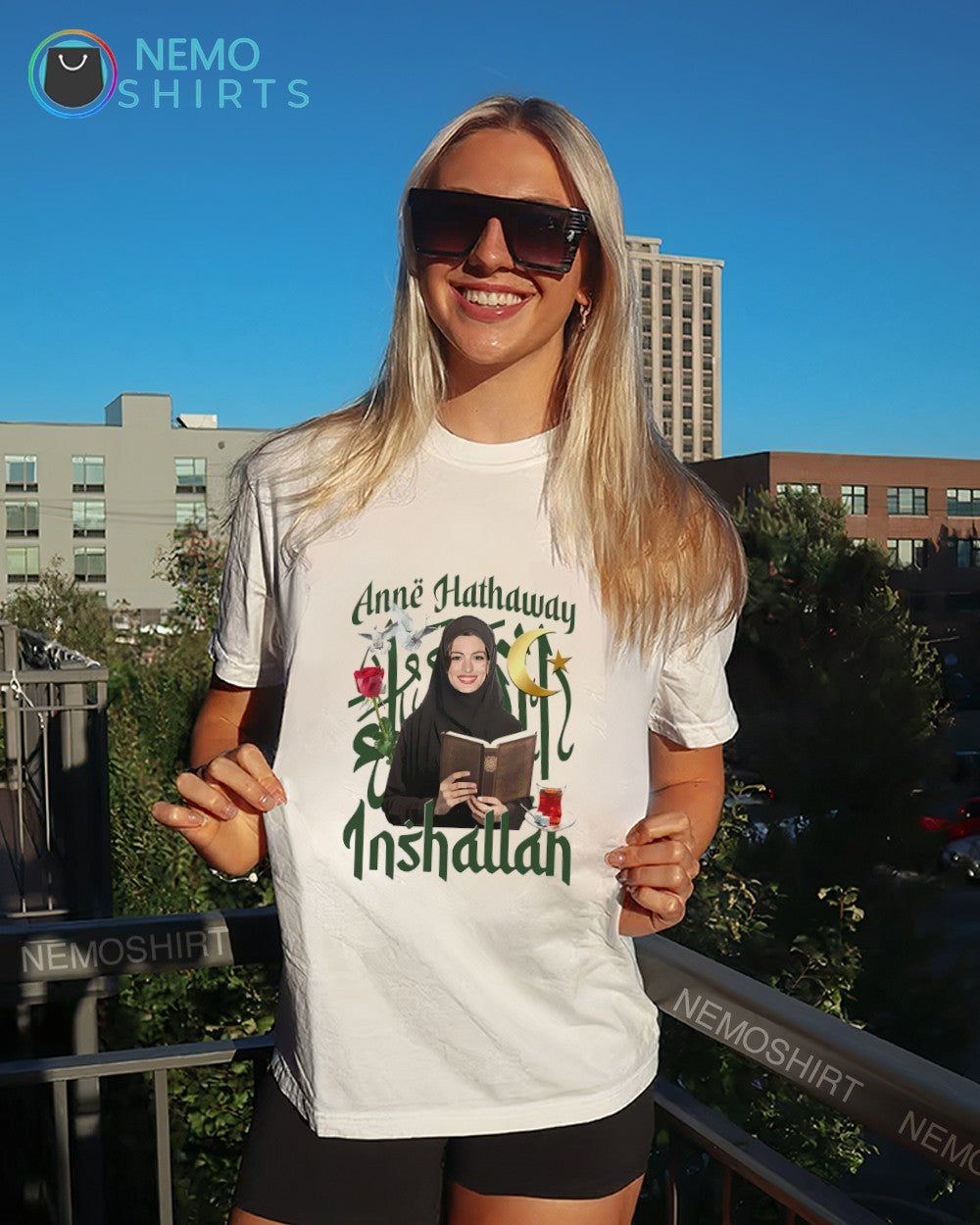 Anne Hathaway actor Inshallah rose shirt