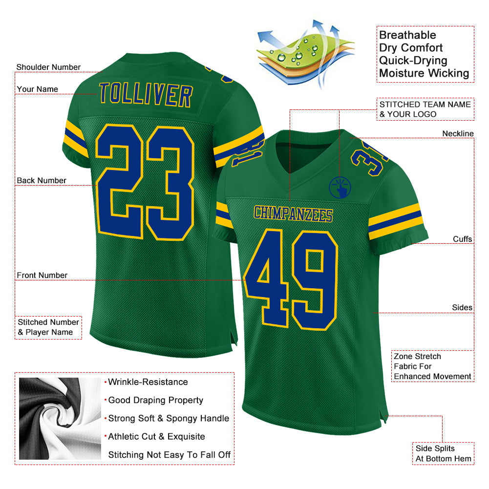 Custom Kelly Green Royal-Yellow Mesh Authentic Football Jersey